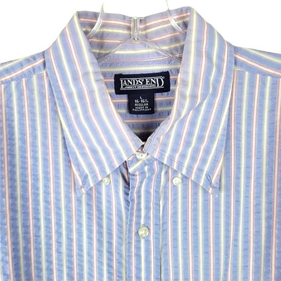 Lands' End Blue Stripes Crepe Textured Cotton Button Long Sleeves Shirt Size L - Picture 4 of 11